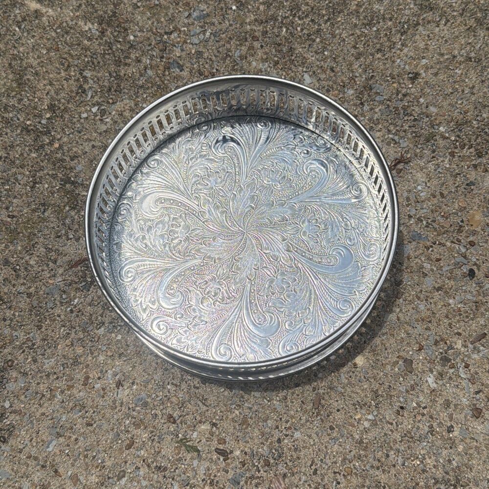 Reed & Barton Silver Plate/Copper Champaign/Wine Coaster Etched Floral Base/Eng